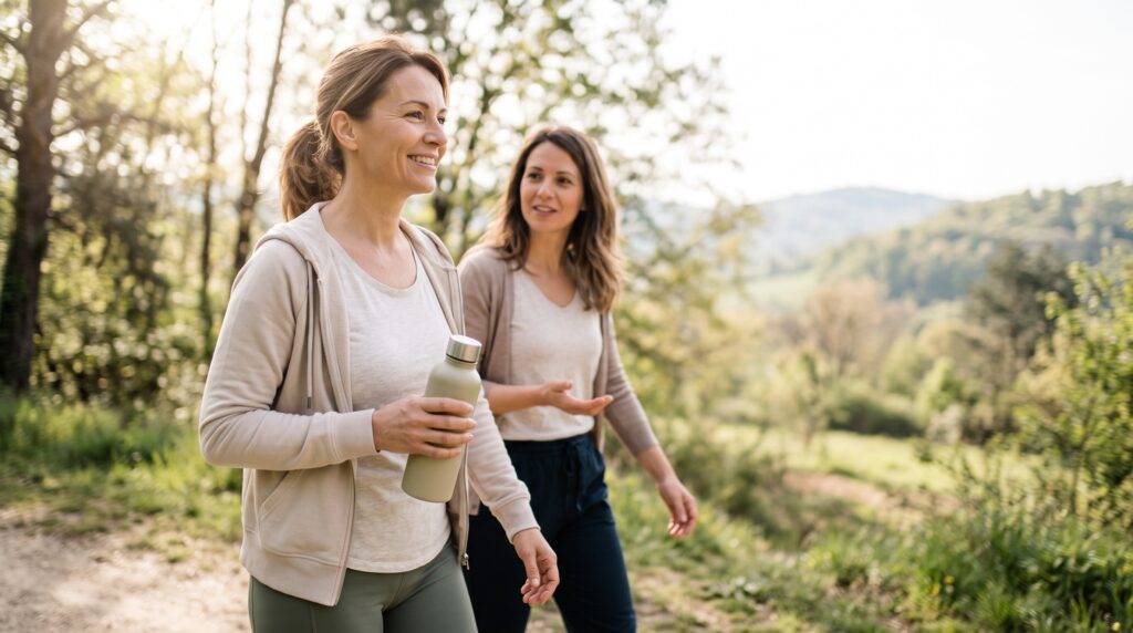 Deux femmes échangeant lors d'une marche bien-être en extérieur, illustrant l'accompagnement personnalisé pour la perte de poids et l'amincissement.